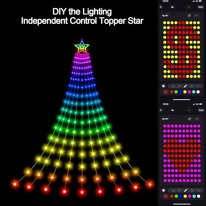 Smart Christmas Day Decorations Lights with Star Topper, 11.48ft 350 LED DIY Waterfall Tree Lights with Remote Timer Color Changing Light Music Sync APP Control for Wedding Holiday Party Decor