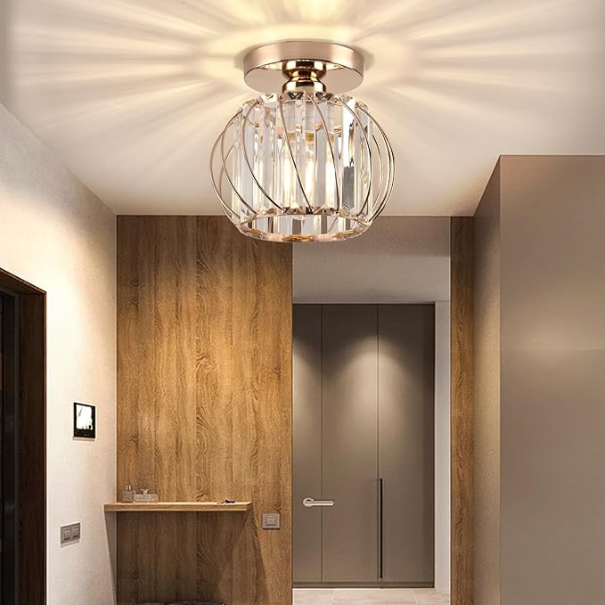 Crystal Ceiling Light, Crystal Semi Flush Mount Ceiling Light Gold Crystal Chandelier for Kitchen Hallway Entrance Balcony Dining Rooms Living Rooms Bar Farmhouse