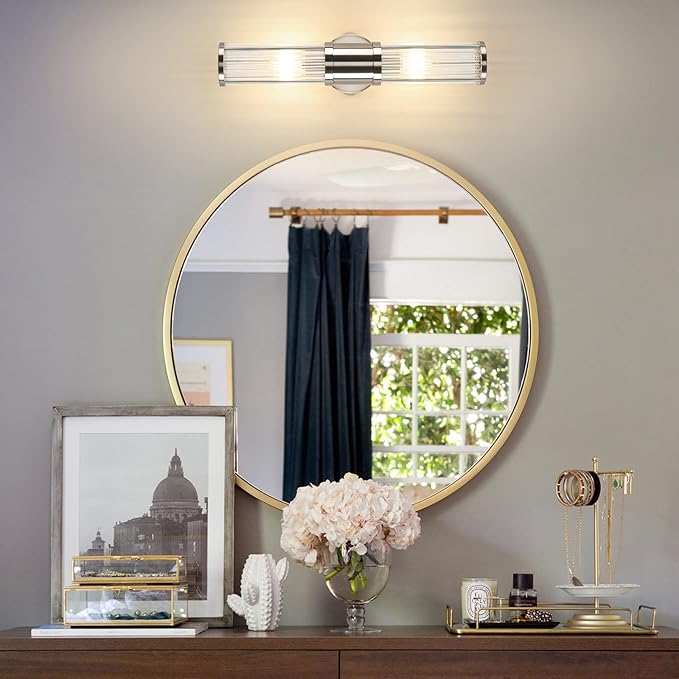 Brushed Nickel Wall Sconce with Glass Rods - Modern Industrial Vanity Light Fixture, E12 Candelabra Base for Bathroom, Bedroom & Hallway (Bulbs Not Included)