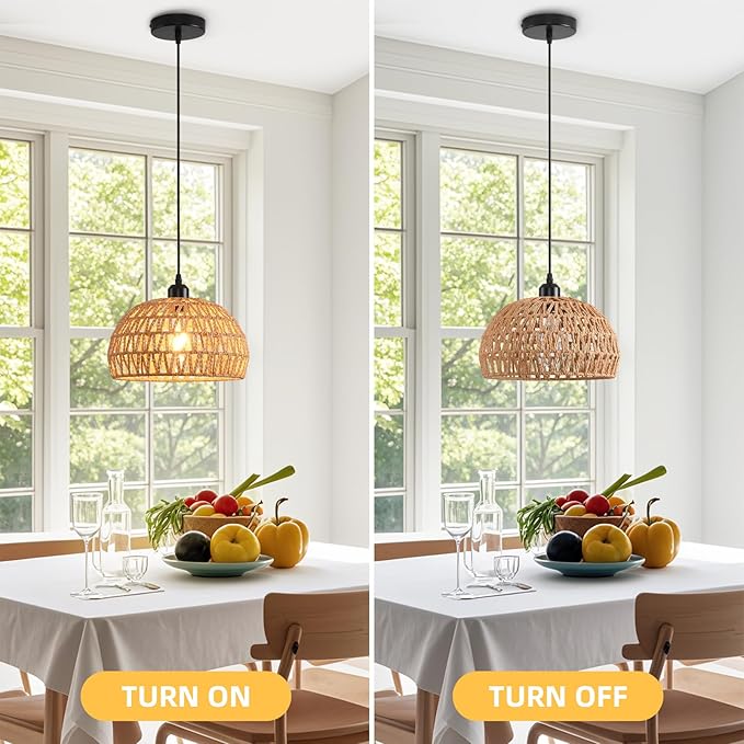 Rattan Pendant Light, Boho Dome Dining Room Chandelier, Brown Woven Kitchen Pendant Lighting over Island, Coastal Wicker Light Pendant Hanging Light Fixture for Nursery Entryway Bedroom, E26 Base