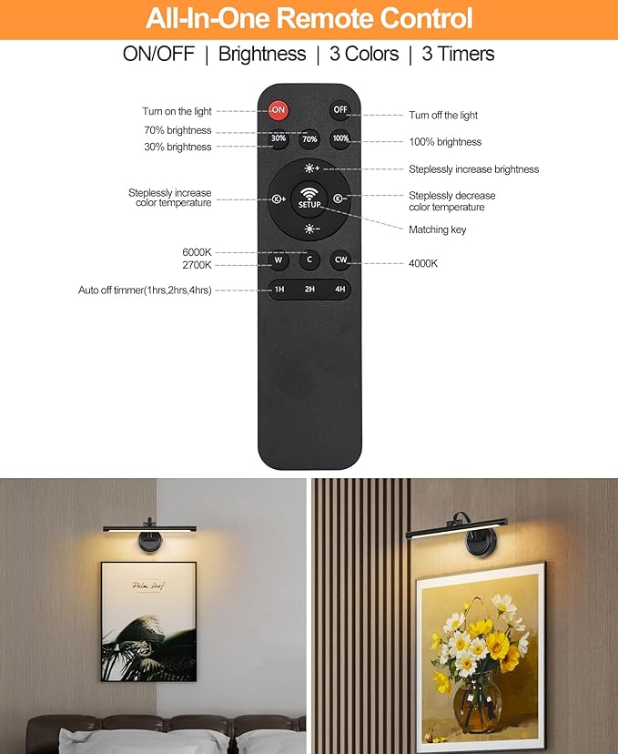 Tassuowell Rechargeable Picture Light for Wall, Cordless Art Lights Battery Operated, Dimmable Wall Light with Remote & Timer, 3 Color Modes for Paintings, Gallery, Artwork(Black, 15.7inch)