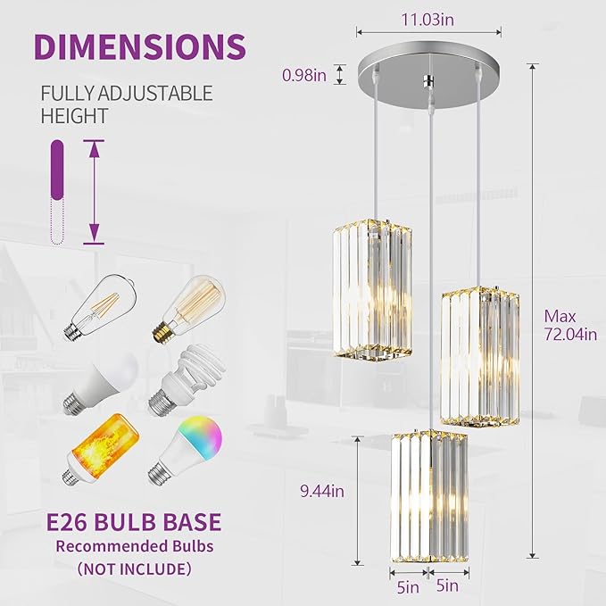 Modern Pendant Light Chrome Rectangle Pendant Lighting Mini Crystal Chandeliers Adjustable Pendant Light Fixture for Kitchen Island Dinning Room Living Room Corridor Bedroom(Chrome 3-Light)