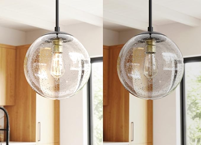 Tawson Globe Pendant Lighting, Black and Gold Pendant Light for Kitchen Island, 9.5 inch Seeded Globe Glass Shade for Kitchen, Hallway, Entryway, Dining Room, Bedroom, Living Room