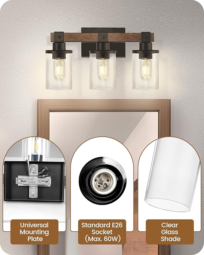 3-Light Bathroom Light Fixture, Farmhouse Vanity Lights for Bathroom with Glass Shade, Rustic Bathroom Light Fixtures, E26 Base F08BD05