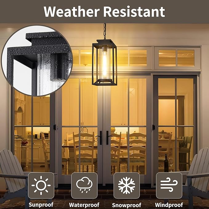 Outdoor Pendant Light, 14" Large Dusk to Dawn Outdoor Chandelier Lantern with Sensor, Black Modern Exterior Hanging Porch Light with Cylinder Glass, Adjustable Long Chain, OS-KY1002