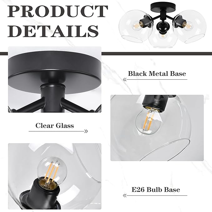 KoKo&Yukina 3-Light Mid Century Modern Black Semi Flush Mount Ceiling Light Globe Sputnik Chandelier Fixture Clear Glass Globe Ceiling Lights for Bedroom Living Room Hallway Entryway Foyer