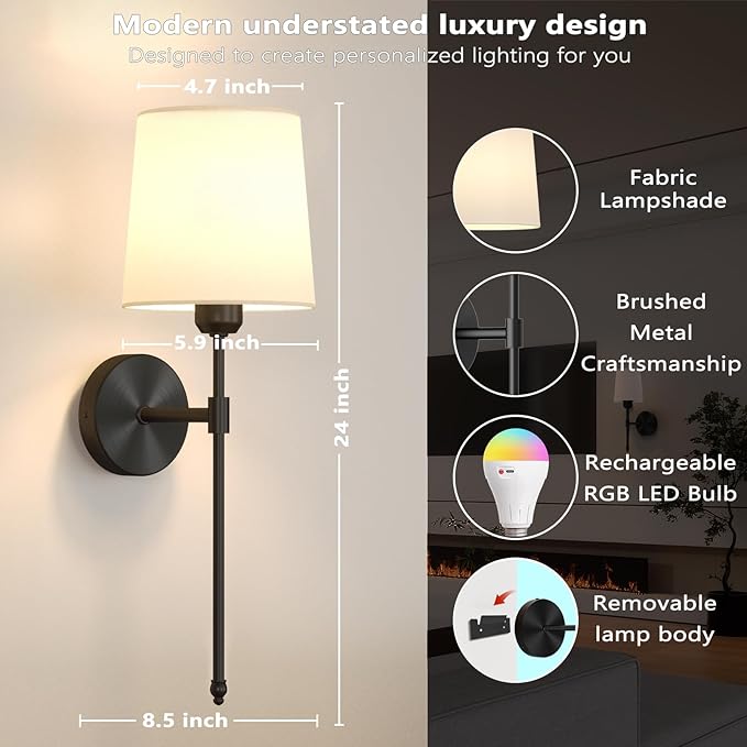 Ouyulong Battery Operated Wall Sconces Set of 2, Wireless Rechargeable Dimmable Wall Light with 5600mAh RGB Bulb and Remote for Bedroom, Living Room, Hallway 24in Black