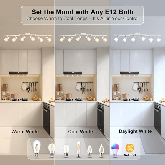 HiBay 6-Light Track Lighting, Flexible Modern Ceiling Light Fixture White w/Glass Shades, Flush Mount Ceiling Wall Track Spot Lights Indoor for Kitchen, Living Room, Bedroom, E12 Base, No Bulbs