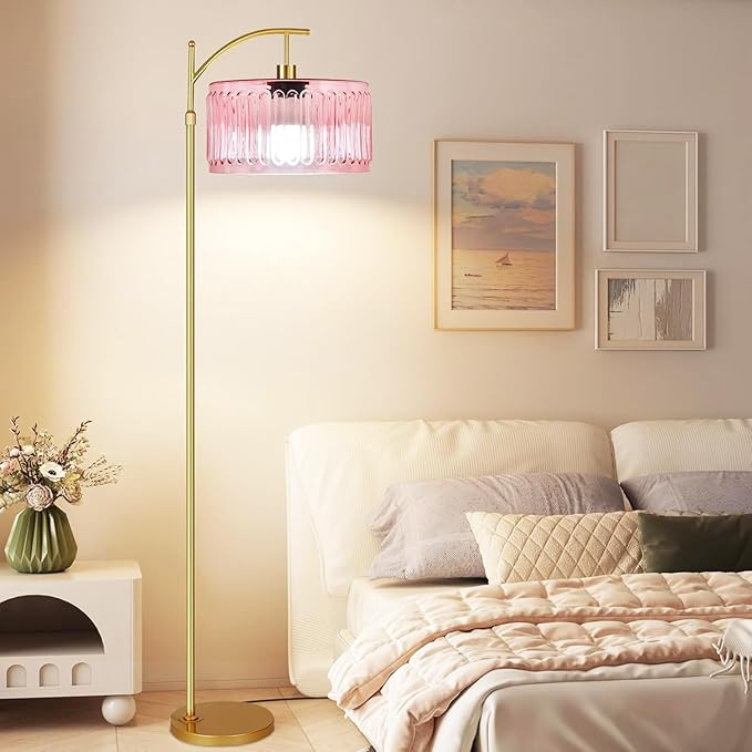 QIYIZM Pink Floor Lamp for Living Room,Bedroom,Gold Dimmable Standing Lamp with Remote,Mid Century Modern Brass Tall Lamp Boho Floor Lamps Arc Stained Glass Flower Floor Light Lamp Girls kids Bohemian