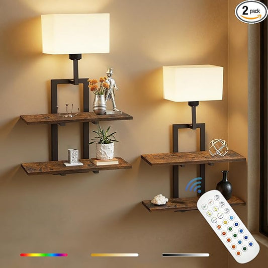 RINBOU Set of 2 Battery Operated Wall Sconce with 2-Tier Shelf, Remote Wireless Rechargeable Dimmable Wall Lights with Floating Shelves, Wall Lamps for Bedroom Living Room Hallway Bathroom Decor