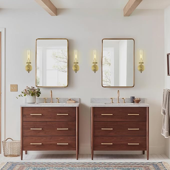Knurled Brass Wall Sconces Indoors, Glass Tube Sconces Wall Lighting 14", Gold Bathroom Vanity Wall Sconces, Wall Lights For Living Room Bedroom Hallway Kitchen Bathroom Mirror(Including Bulb)