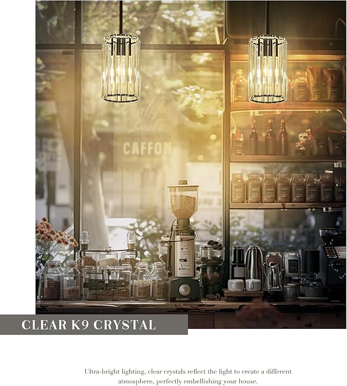 Crystal Pendant Light, Mini Chandelier with Matte Black Finish, Modern Hanging Light Fixture for Kitchen Dining Room Bedroom, CKPL5510-1P-BK