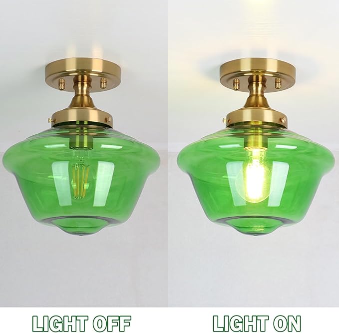 SAMTEEN Schoolhouse Light Fixtures Gold Ceiling Light 10-Inch Modern Green Glass Semi Flush Mount Ceiling Light Vintage Brass Hallway Light Fixtures for Bedroom Kitchen Entryway Living Room