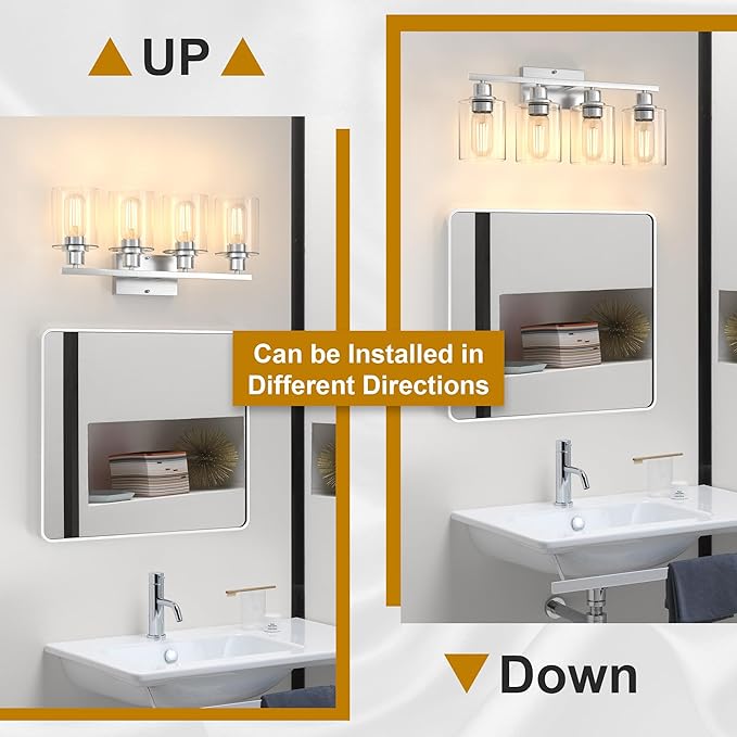 Bathroom Lighting Fixtures Over Mirror Brushed Nickel, 24Inches Vanity Lights for Bathroom, Modern 4-Light Wall Sconces E26 Base, Transparent Clear Glass Shades, Bulbs Not Included