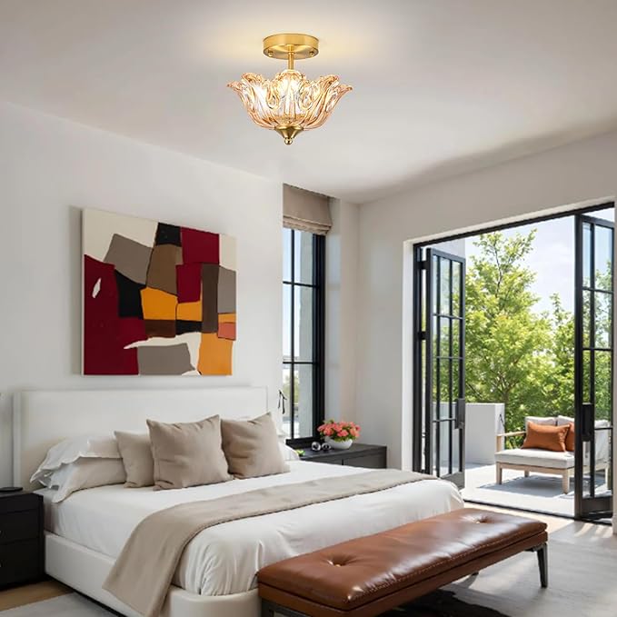 Semi Flush Mount Ceiling Light, Gold Vintage Light fixtures with Floral Amber Glass Shade, Modern Close-to-Ceiling Lighting for Bedroom Kitchen Living Room Hallway