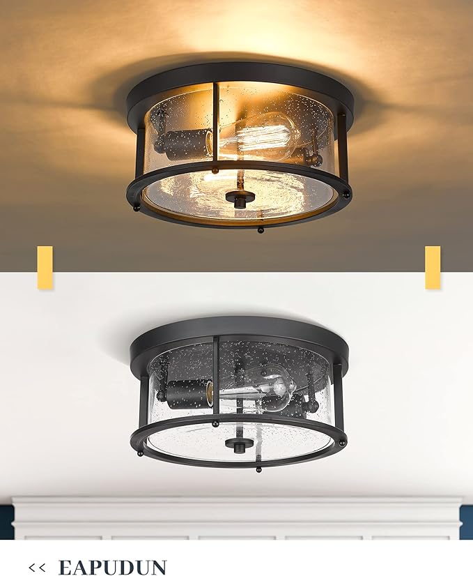 EAPUDUN Flush Mount Ceiling Light Fixtures, 12inch 2-Light Farmhouse Close to Ceiling Light Fixture with Seeded Glass Shade, Matte Black Finish for Porch, Entryway, Bedroom, Foyer,FMA1413-MBK