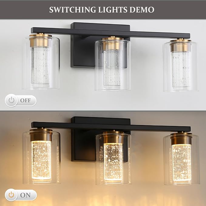 EMONG 3-Light Black&Gold Bathroom Light Fixtures,Dimmable 5CCT LED Vanity Lights with Clear Glass,2700K-6500K Adjustable Crystal Bubble Black Bathroom Vanity Light Over Mirror for Hallway