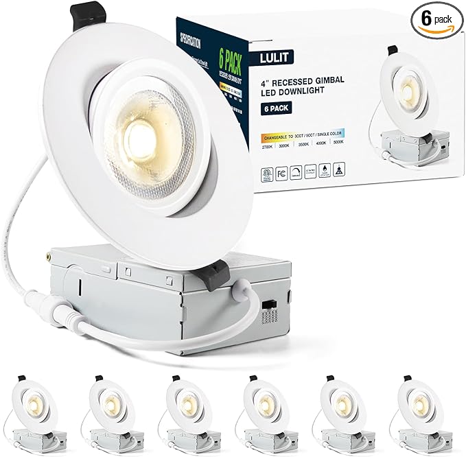 6 Pack White 4-inch 5 CCT Gimbal LED Recessed/Downlight Color Selectable 2700K/3000K/3500K/4000K/5000K 800Lm 9W 120V Dimness Adjustable LED Lights