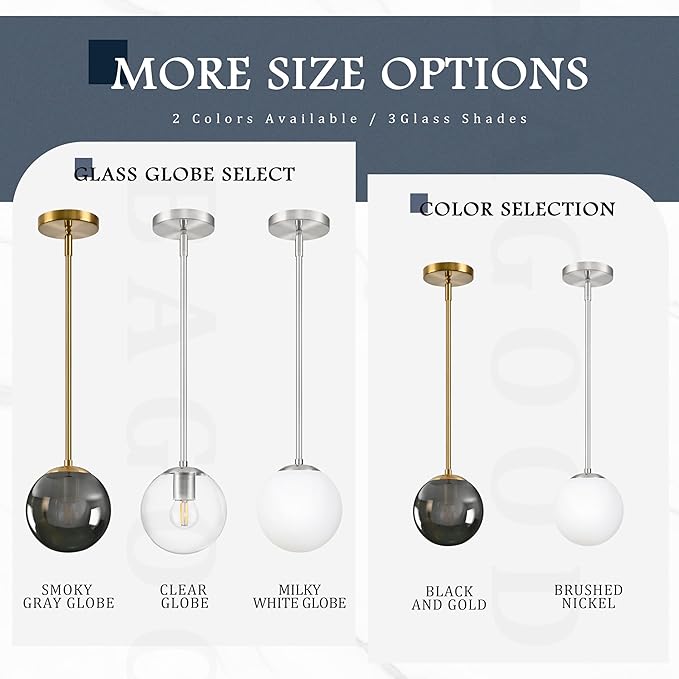 Bagood 6 Inch Globe Pendant Light Gold Globe Pendant Lights Kitchen Island Mid Century Light Fixture with Gray Clear Glass Contemporary Adjustable Hanging Lights for Dining Room (Bulb Included)