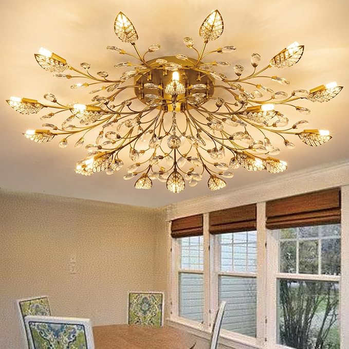 Modern Crystal Ceiling Light Fixture,Semi Flush Mount Chandeliers,Crystal Leaf Ceiling Light, Chandeliers for Dining Room,Living Room,Bedroom