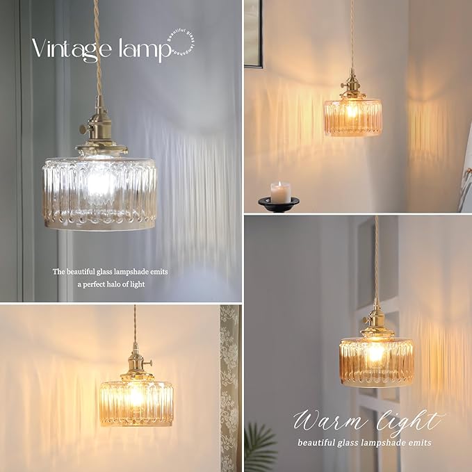 Shenmoyl Vintage Wall Sconce Wall Lamp with Amber Striped Shade Pattern Glass Adjustable Chain Retro Gold Wall Mounted Light, Modern Wall Lamp Fixtures Decor for Bedside Bedroom Indoor Doorway