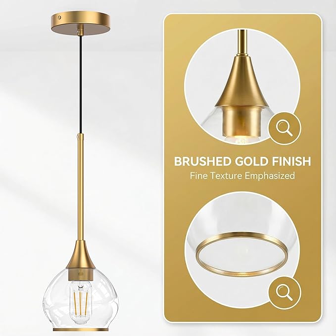 Kitchen Island Linear Pendant Light, 1-Pack 1-Light Gold Pendant Light, Brushed Gold Glass Globe Hanging Light Fixture for Dining Room, Over Table, Bar