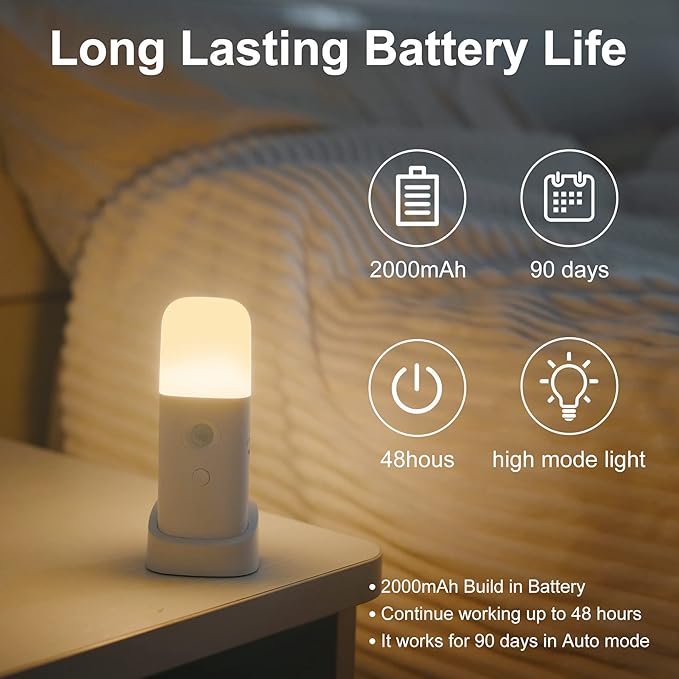 CREWEEL Motion Sensor Night Lights Indoor, Rechargeable Night Light Battery Powered, Portable Nightlight with Adjustable Brightness Activated Table Lamp for Kids, Adults(Warm Light, 4 Pack)