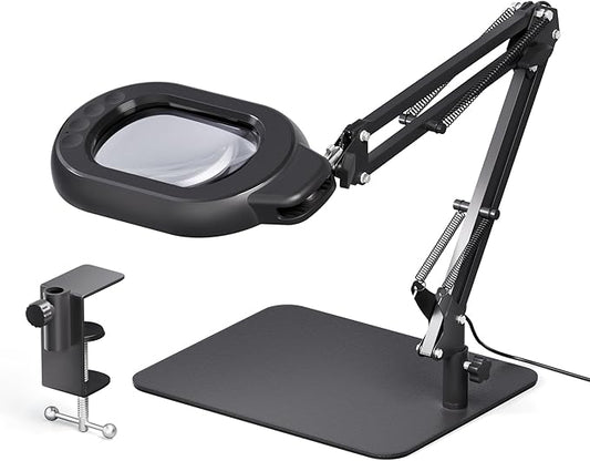 10X Magnifying Desk Lamp with Real Glass Lens Stepless Dimmable, 5 Color Modes, Hands-Free Clamp & Base, Adjustable Swing Arm for Reading, Crafting & Close Work – Black