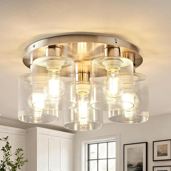 OKELI 5-Lights Semi Flush Mount Ceiling Light Kitchen Lighting Fixtures Ceiling Brushed Nickel Kitchen Cieling Light Fixtures with Clear Glass Shade for Dining Room Entryway Foyer Hallway