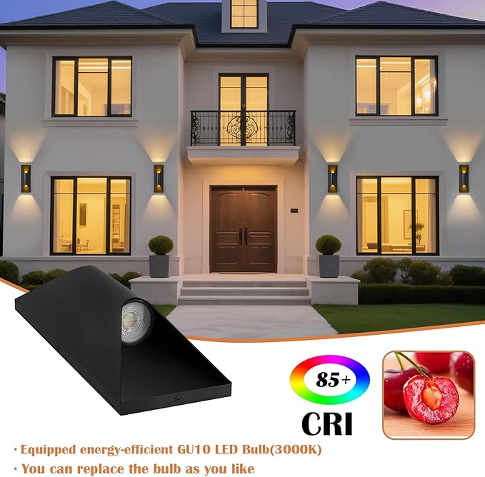 Outdoor Wall Light Fixtures 2 Pack, 15" Up and Down Waterproof Porch Wall Sconce, Replaceable Bulb, 3000K LED, Modern Black Outside Lights for House, Front Door, Garage