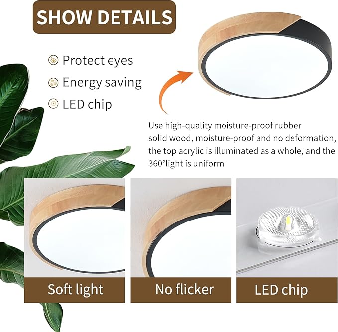 LED Ceiling Lights,12 Inch Black Modern Flush Mount Lighting Fixture,Round Shaped Wood Ceiling Lighting,30W,6500K Cool White