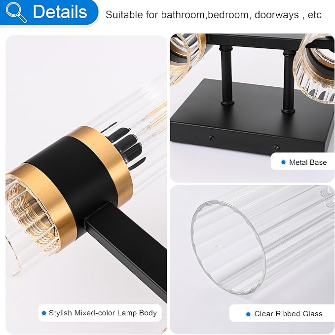 MELUCEE Black 3 Light Bathroom Vanity Light, Modern Vanity Lights Bathroom Light Bar with Ribbed Clear Glass Shade Indoor Wall Lights for Mirror Cabinet Kitchen Bedroom Hallway, E12 Base