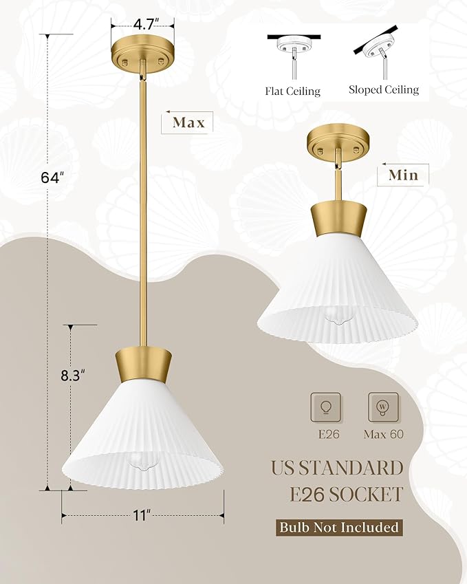 Modern Pendant Light Fixture, HWH White and Gold Kitchen Island Lights 11 Inch, 1-Light Hanging Lighting for Dinning Room Schoolhouse, Frosted Striped Glass Shade, 5HZG98MIL BG