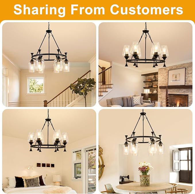 25" Farmhouse Chandelier, 6-Light Black Chandeliers for Dining Room Light Fixture Over Table with Clear Glass Shade, Industrial Hanging Pendant Lights for Kitchen Island Living Room Bedroom Entryway