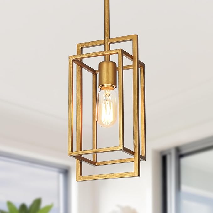 KSANA Antique Gold Pendant Lighting, Modern Golden Geometric Cage Hanging Light Fixture for Kitchen Island, Foyer, Dining Room and Hallway