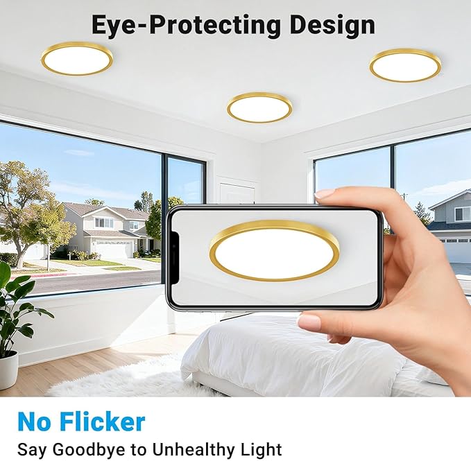 2 Pack LED Flush Mount Ceiling Light,7Inch 15W,3000K/3500K/4000K/5000K/6500K 5 Color Temperatures Ceiling Light Fixture for Kitchen Porch Hallway Bedroom Bathroom and Closet,Brushed Gold