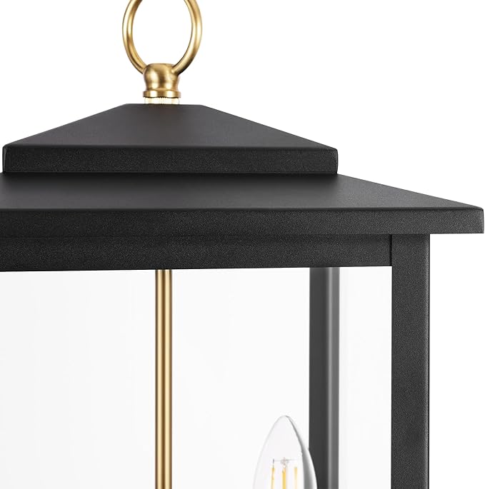 LamQee Large Outdoor Pendant Lights, 3-Lights Black and Gold Outdoor Chandelier Lighting Fixture, Modern Exterior Ceiling Hanging Lantern with Glass, for Porch Front Door Patio Gazebo Entryway Foyer