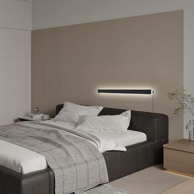 KELUOLY Modern Plug in Wall Lights, 31.4 inch Frosted Black LED Long Wall Sconce, 16W Warm White 3000K Acrylic Indoor Wall lamp,with 59" Plug Cable for Bedroom, Living Room, Hallway