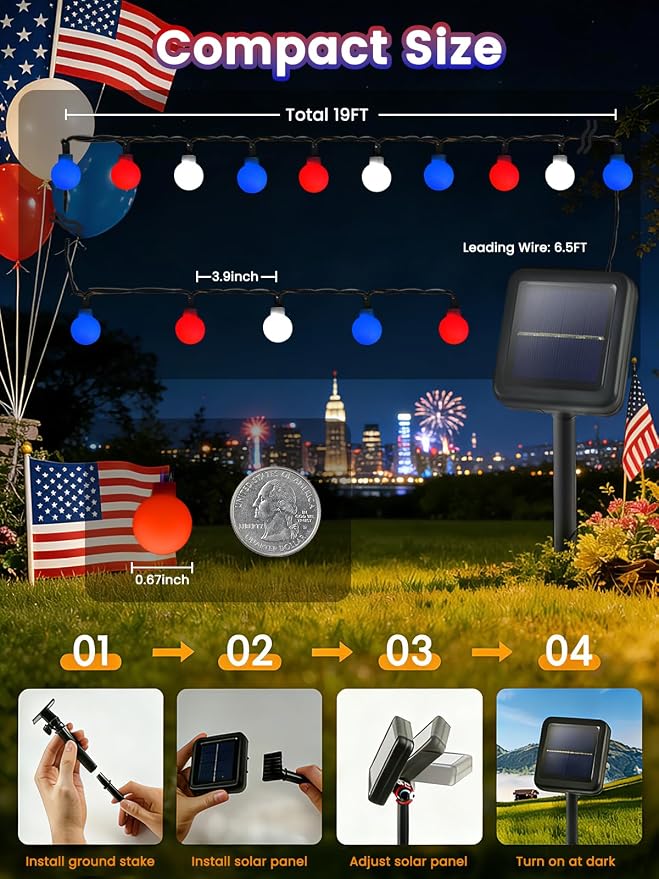 2-Pack 80 LED Red White and Blue Solar String Lights Outdoor - Waterproof 39FT Globe LED Solar Patriotic American Flag Lights with 8 Modes, 4th of July Decorations for Independence Day Memorial Day
