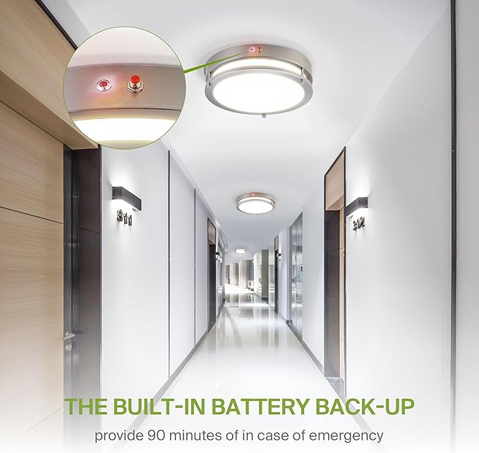 ASD LED 14" Round Flush Mount Lighting, Close to Ceiling Light Fixture | 3CCT, Dimmable, Battery Backup, ETL Listed | 21W 1854LM 3000-5000K 100-277V | Low Profile Double Ring Lamp | Nickel