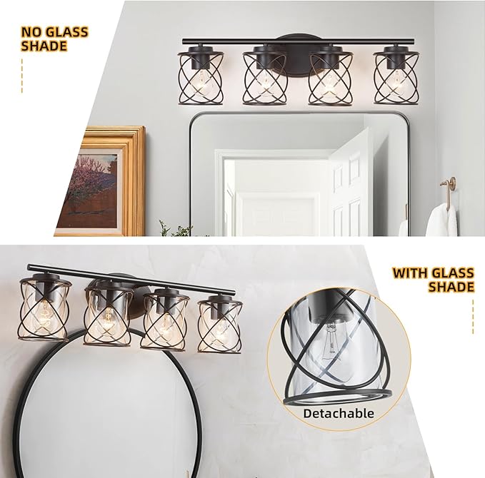 mavcadonf Bathroom Vanity Light Fixtures Over Mirror, 4 Lights Modern Bathroom Wall Lamp for Mirror Kitchen Living Room Hallway Cabinet Porch, Farmhouse Wall Lights with Cage Shade, Matte Black