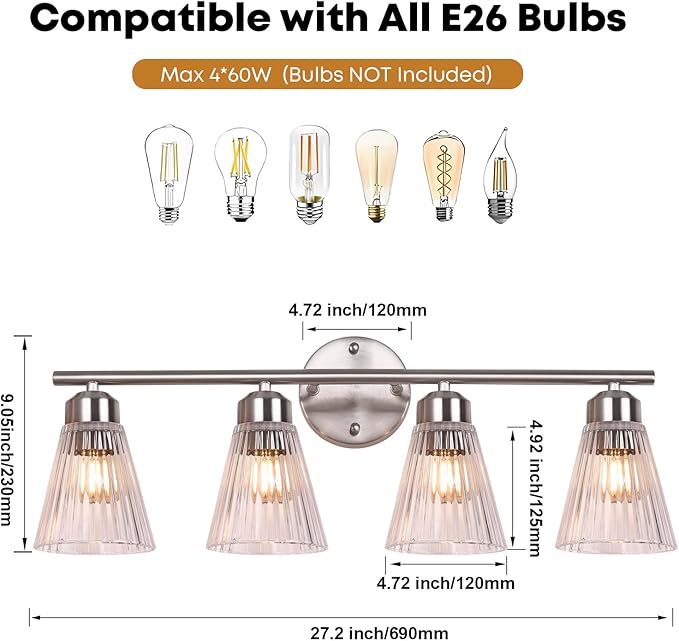 4-Light Bathroom Vanity Light, Brushed Nickel Bathroom Light Fixtures Over Mirror with Stripe Glass, Modern Wall Lamp, Wall Sconces Lighting for Living Room Bedroom Kitchen Hallway