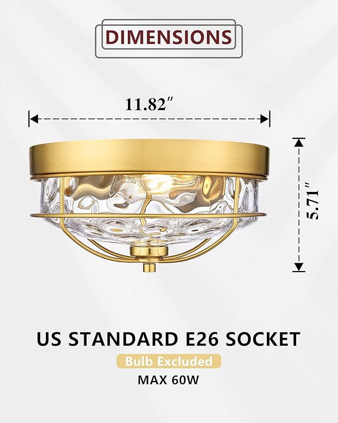Flush Mount Ceiling Light Gold, HWH 12 Inch Ceiling Light Fixture with Water Ripple Hammered Glass, Modern 2-Light Ceiling Mount Light for Bedroom Kitchen Foyer, 5HTJ7WG-F BG