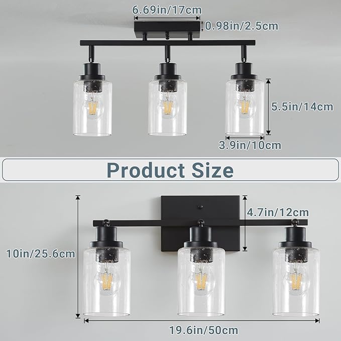 LOUSACE 3 Light Track Lighting Fixtures Ceiling with Rotatable E26 Heads, Bathroom Vanity Light Ceiling with Seeded Glass Shade, Kitchen Light Fixtures Over Sink for Kitchen Island Dining Room