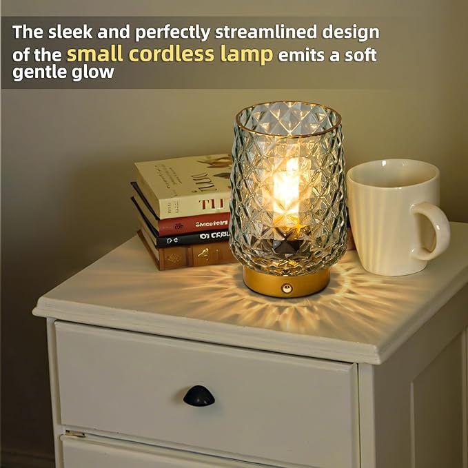 MJ PREMIER Cordless Rechargeable Table Lamp, Dimmable Portable Night Light with Diamond Facet Design 1800mAh Battery Operated Lamp for Bedside Patio Outdoor Home Decor, Emergency Gift for Women Green