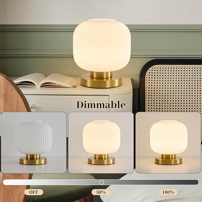 Dimmable Small Glass Table Lamp: Mid Century Modern Nightstand Light with Milk White Shade - Small Decorative Brass Desk Lamp - Ribbed Glass Bedside Tables Lamps for Bedroom Living Room Bulb Excluded