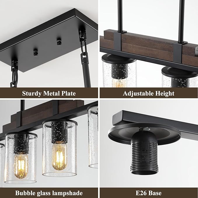 Farmhouse Wood Kitchen Island Lighting, 4-Light Adjustable Chandelier for Dining Room, Seeded Glass Shade Dining Room Light Fixture Over Table, Black Hanging Pendant Lights for Kitchen, Pool Table