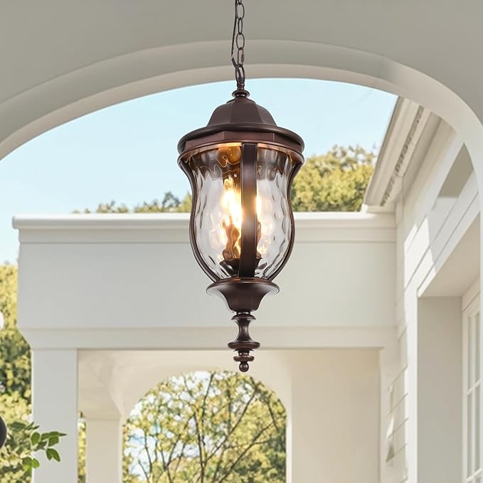 Large Outdoor Pendant Light Fixtures, 23.6'' Exterior Hanging Lantern Porch Light Adjustable, Brown Hanging Lamp Farmhouse Exterior Chandelier Ceiling Mount for Entrance Patio