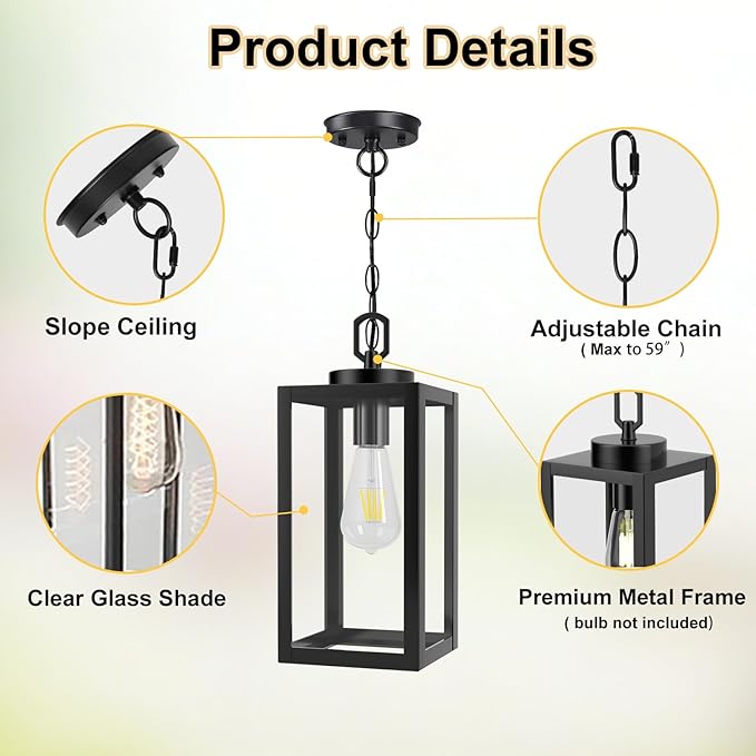 13" Outdoor Pendant Light for Porch - Farmhouse Exterior Hanging Lantern with Clear Glass,Weatherproof for Entryway, Doorway, Patio, Garden, and Outdoor Spaces