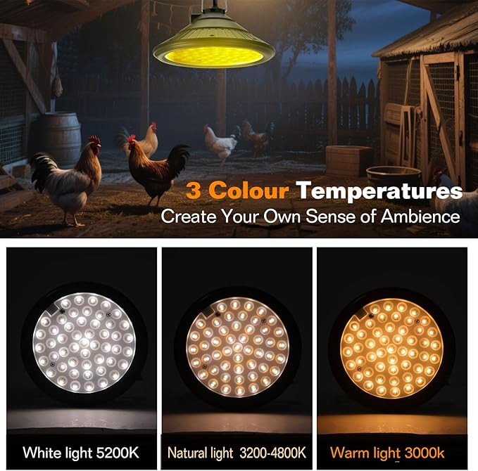 Solar Chicken Coop Light with Timer | Three-Color Dimmable LED, IP66 Waterproof Hanging Ceiling Pendant Light Suitable for Poultry Farms,Coops,Patio,Camping,Garage etc